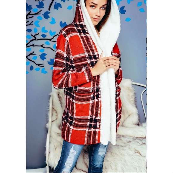 NWT KNIT FUR LINED RED PLAID COAT - Picture 5 of 10